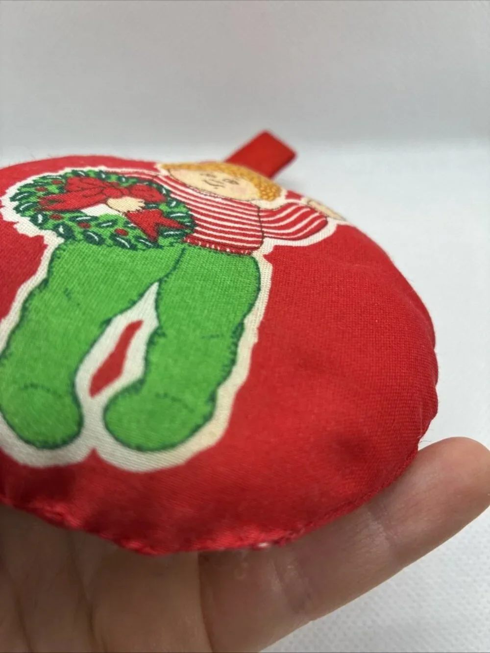 Vintage Handmade Cloth Christmas Ball Ornament 80s Patch Kid Red Green